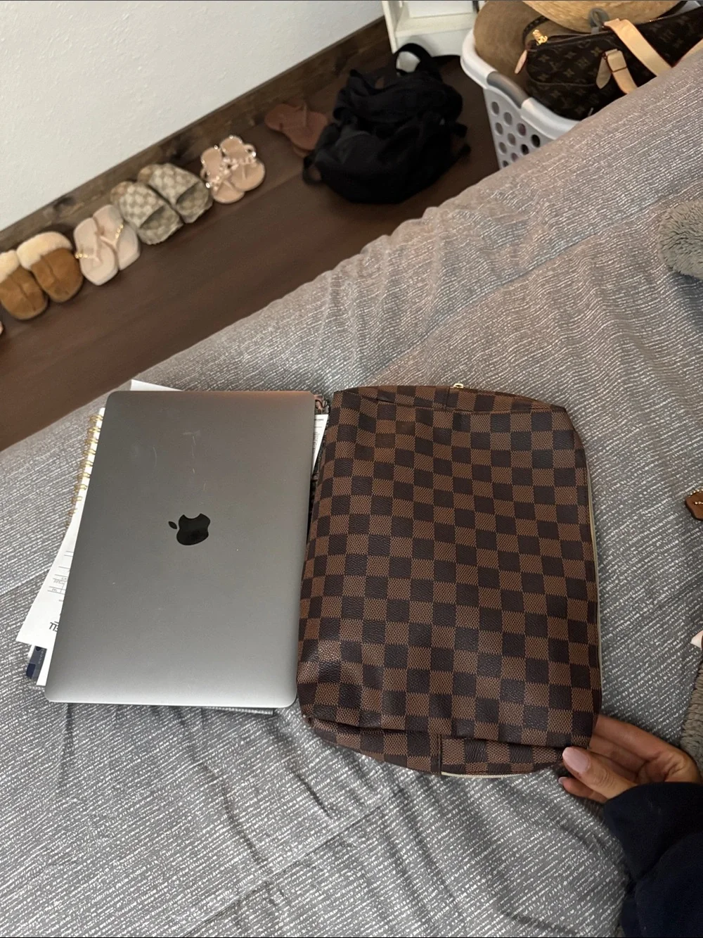 Brown Checkered Travel Pouch with Red Interior